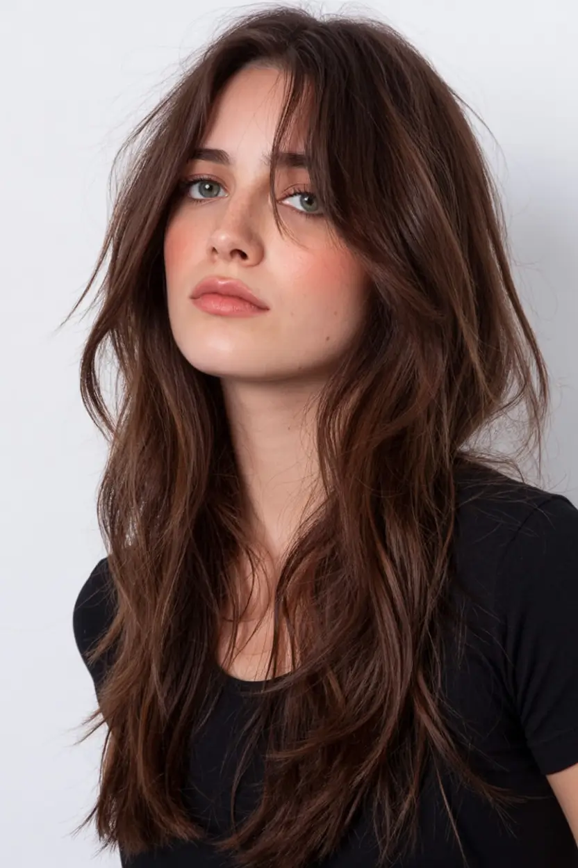 bold spring long haircut for 2026 Tousled Chestnut Layers With Soft Fringe Energy