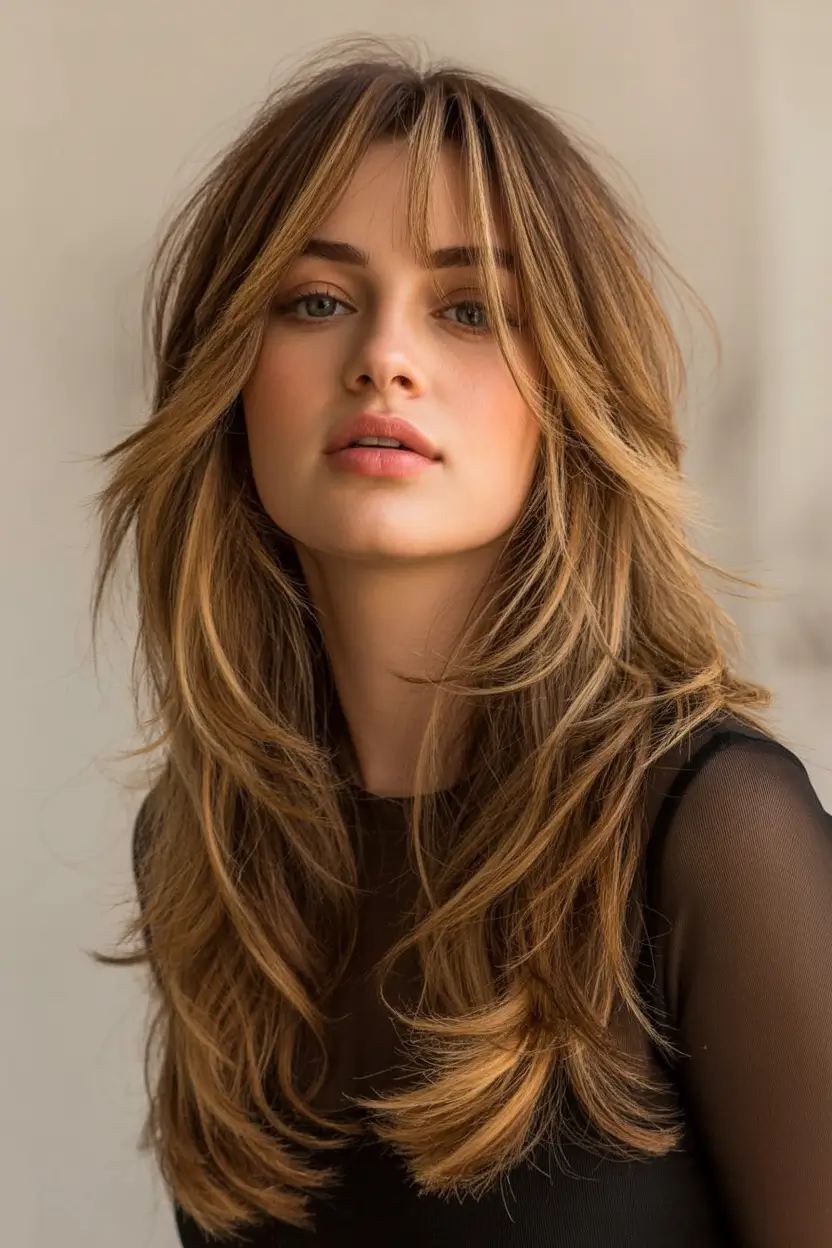 bold spring long haircut for 2026 Bronzed Swoop Layers With Light-Kissed Dimension