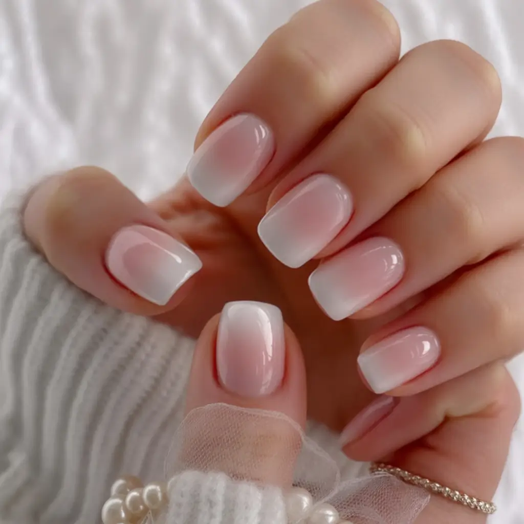 bold spring nails square 2026 Soft Pink-to-White Ombré with a Dewy Spring Glow