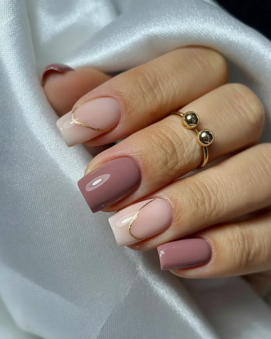 bold spring nails square 2026 Mocha Mauve Mix with Minimal Gold Detailing
