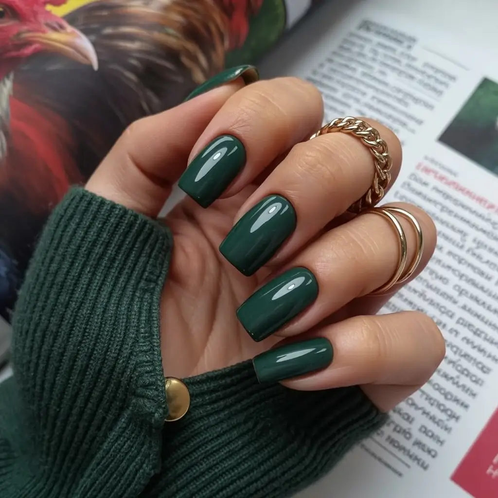 bold spring nails square 2026 Deep Forest Green with High-Gloss Drama