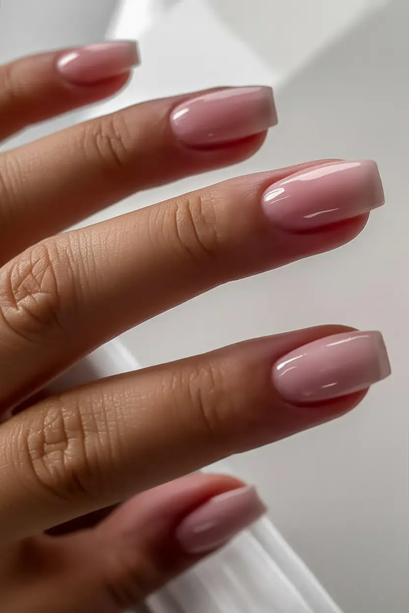 bold spring nails square 2026 Blush-Toned Gradient with a Glassy Finish