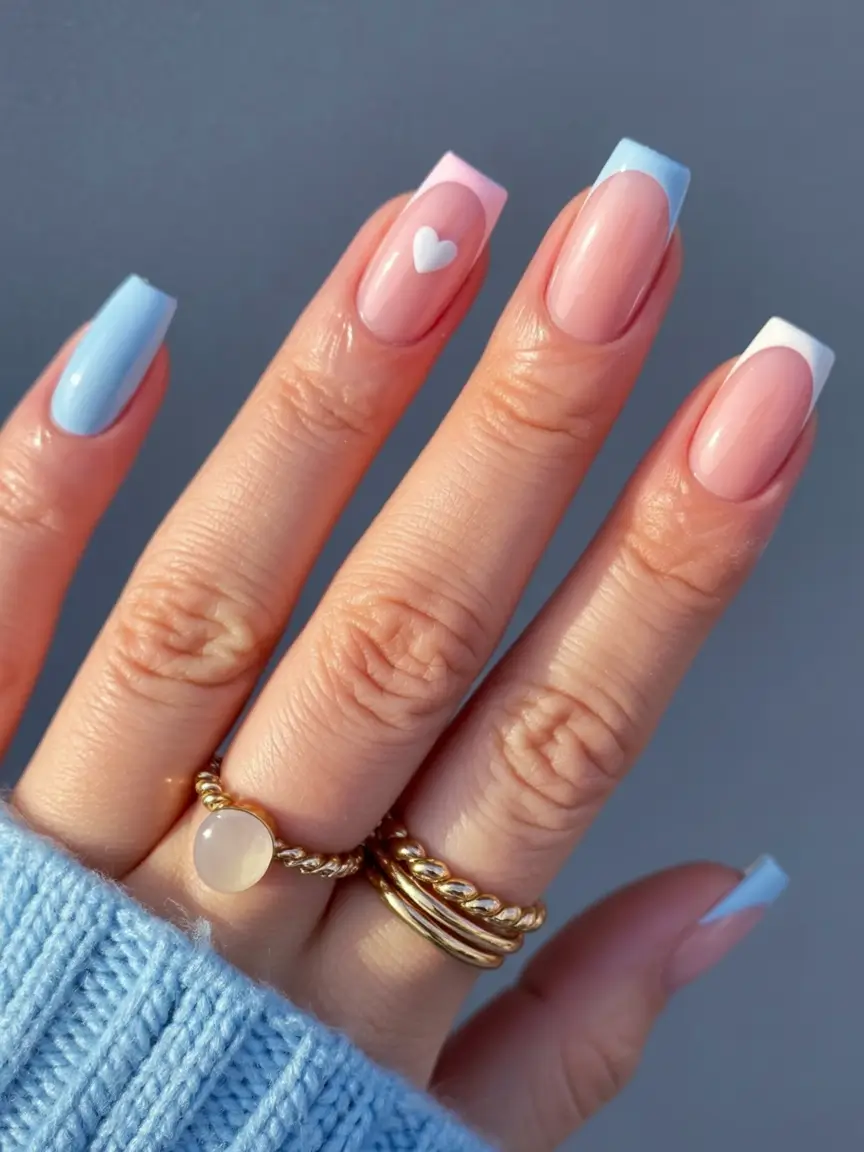 bold spring nails square 2026 Baby-Blue French with Heart Accent