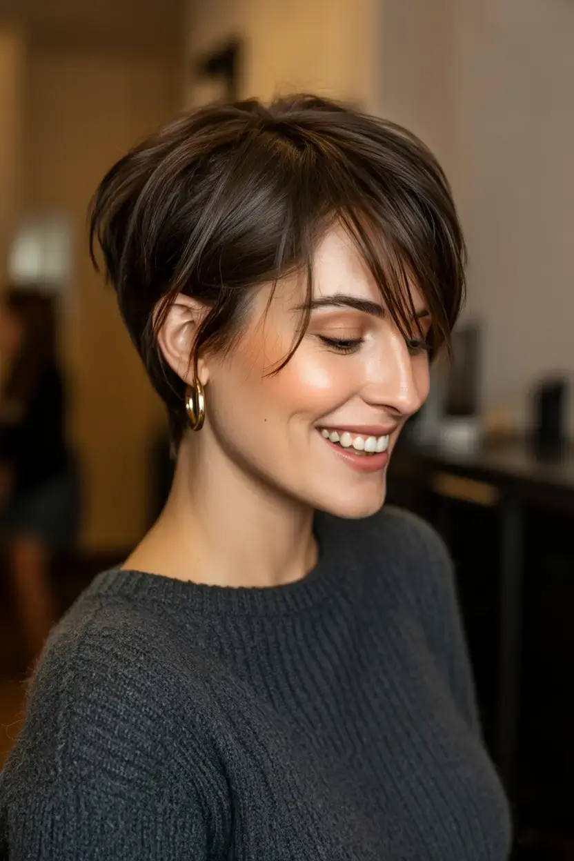 bold spring pixie haircuts 2026 Polished Volume with Layered Bangs