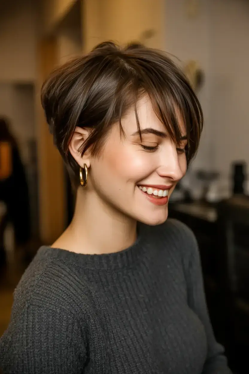 bold spring pixie haircuts 2026 Cool Brunette Crop with Casual Swoop