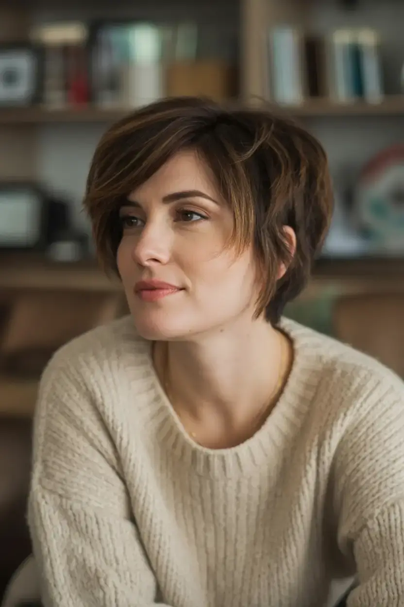 bold spring pixie haircuts 2026 Layered Cocoa Pixie with Swept Bangs