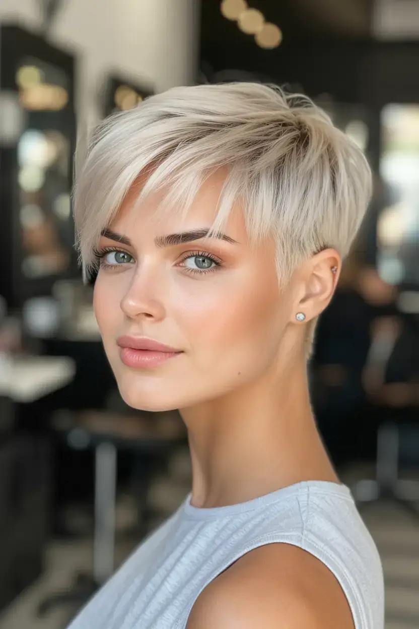 bold spring pixie haircuts 2026 Feathered Platinum Pixie with Side Flow