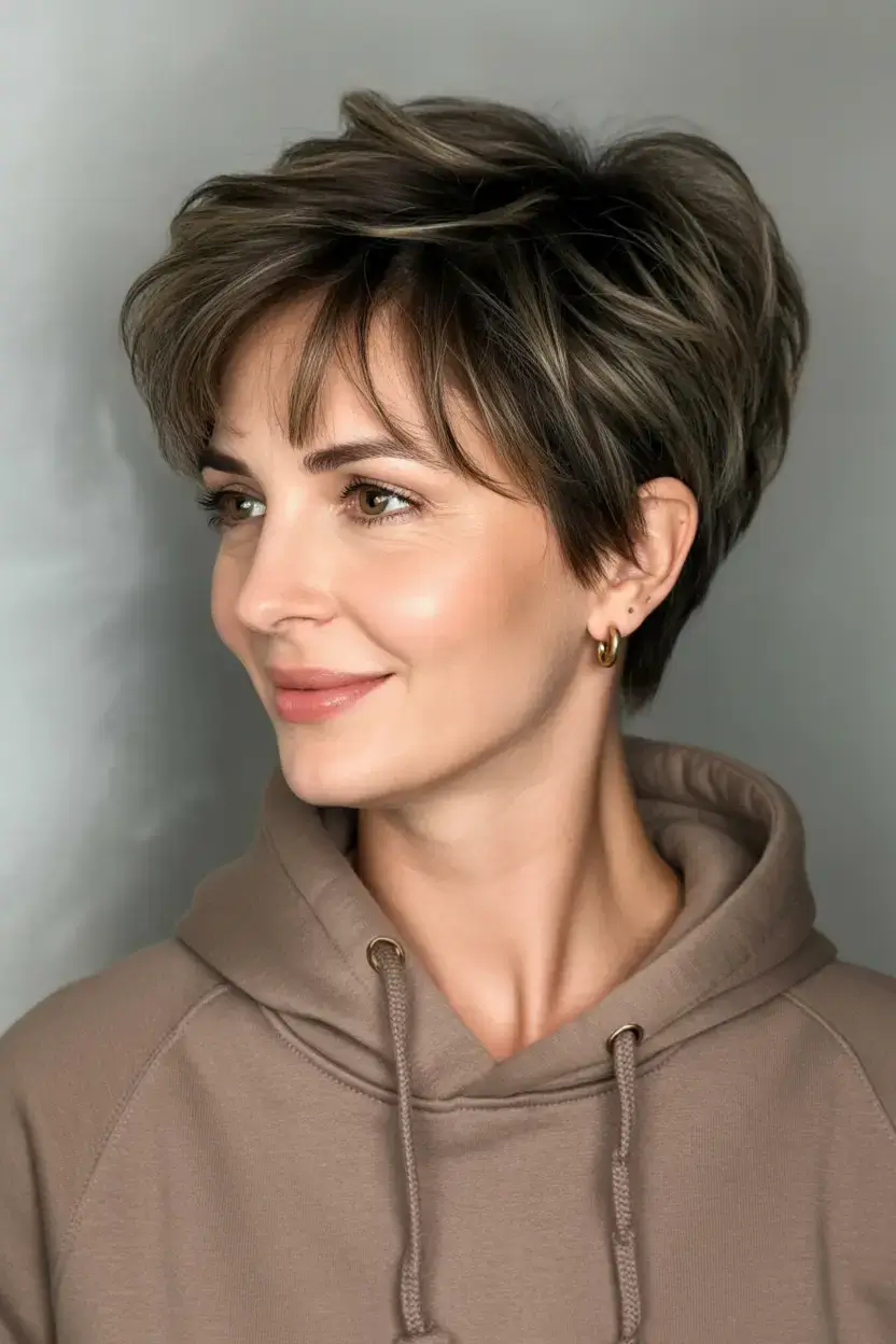 bold spring pixie haircuts 2026 Wispy Brunette Layers with Airy Lift
