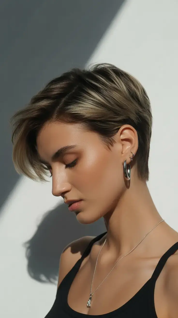 bold spring pixie haircuts 2026 Side-Swept Sleek Pixie with Dimensional Blonde