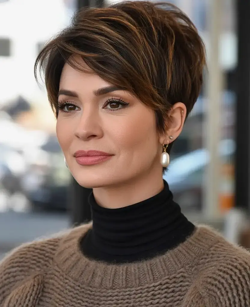 bold spring pixie haircuts 2026 Deep Brunette Pixie with Sculpted Elegance