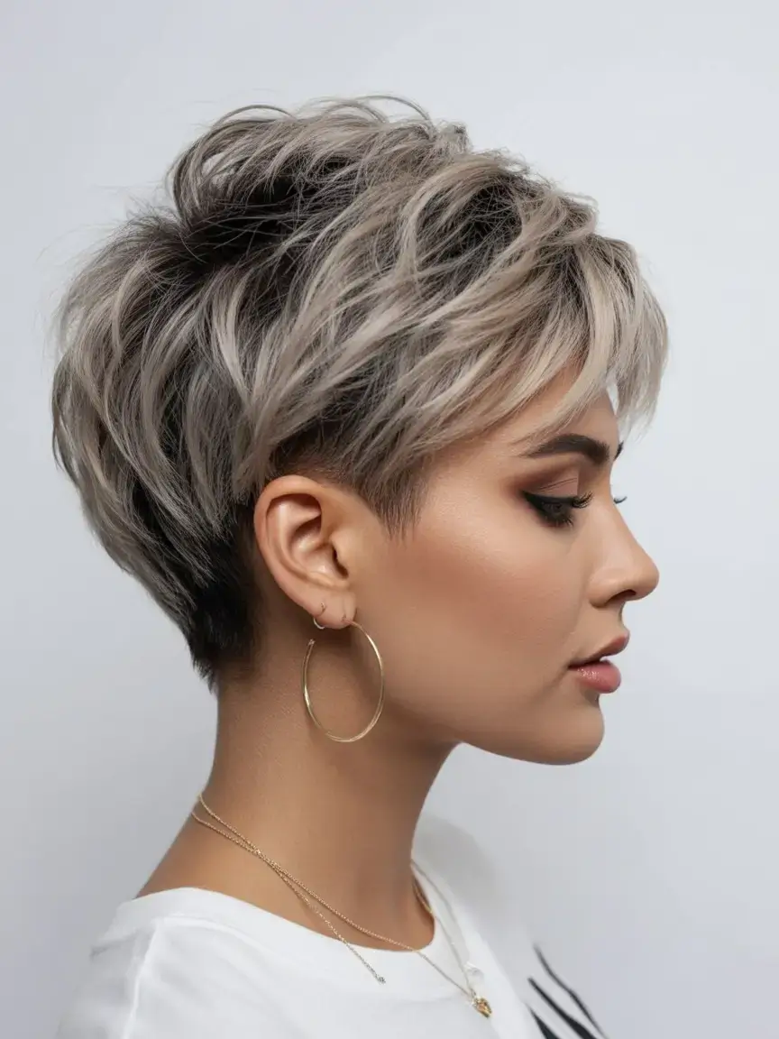 bold spring pixie haircuts 2026 Stormy Blonde Layers with Smoky Roots