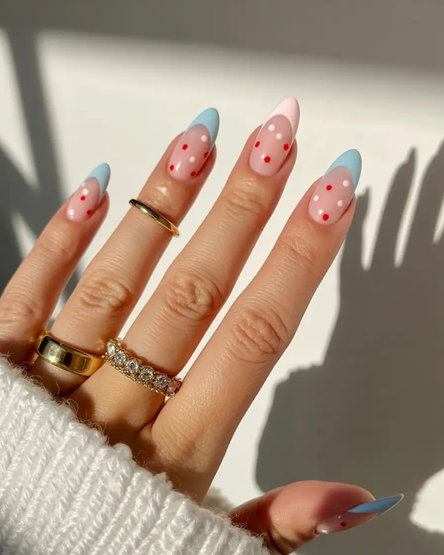 classy early spring nails 2026 Pastel Tips With Red Springtime Confetti