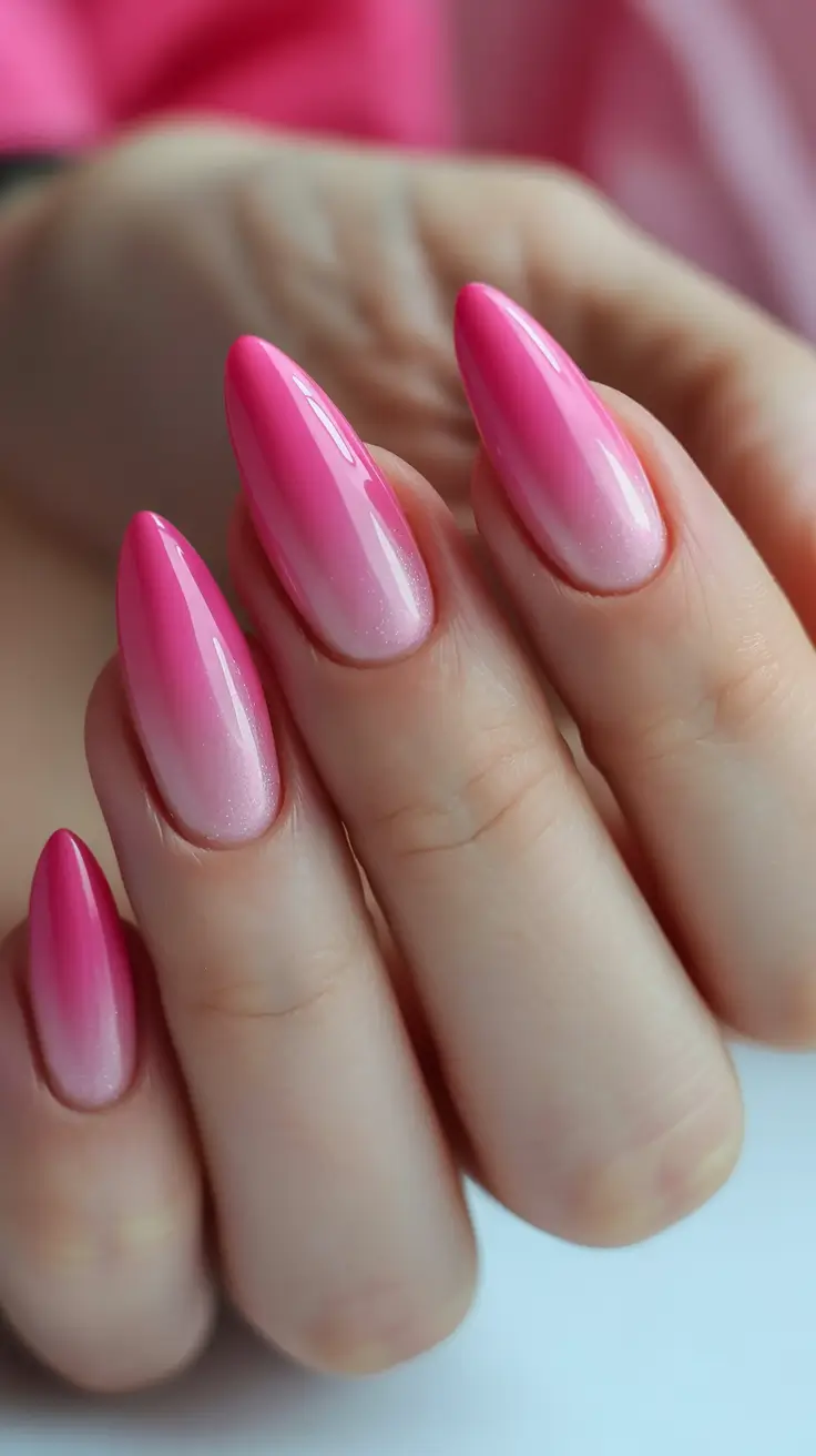 classy early spring nails 2026 Pink Sunrise Ombre With a Glossy Spring Glow