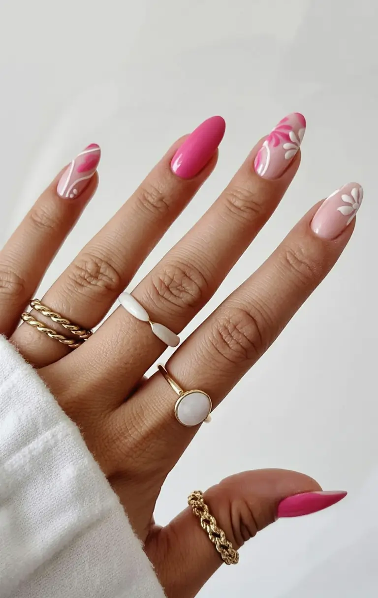 classy early spring nails 2026 Pink Blooms and Swirls on a Soft Rosy Canvas