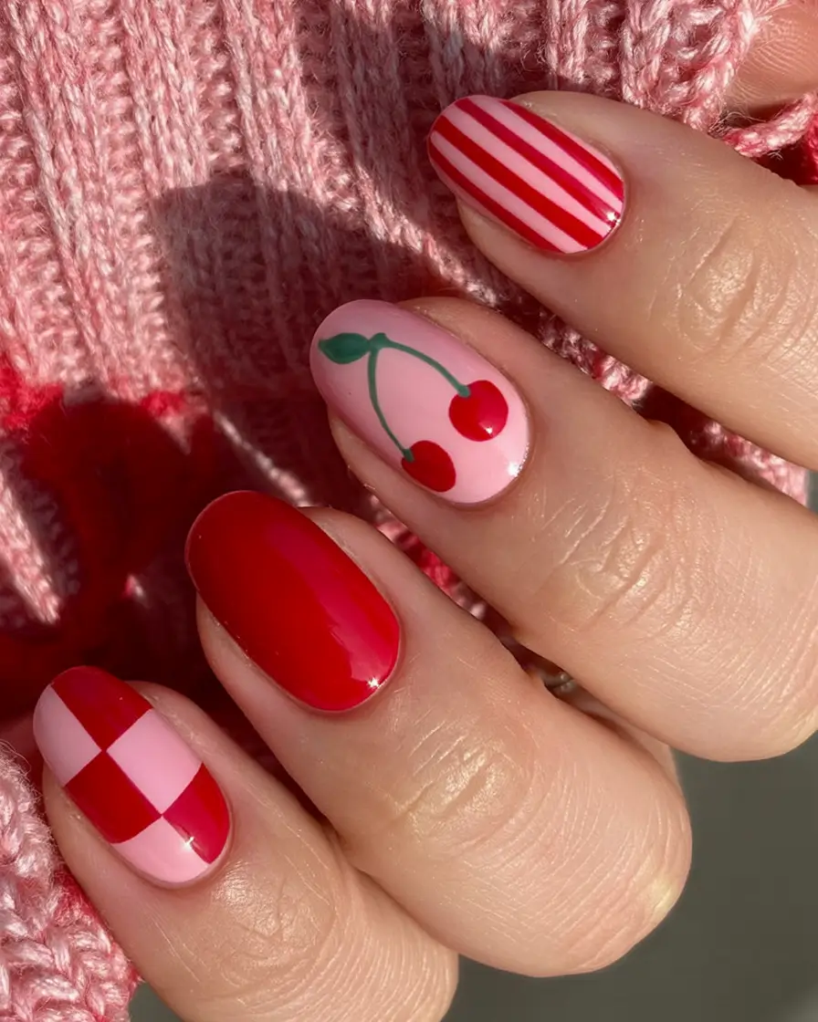 classy early spring nails 2026 Cherry Pop Art Mix With Retro Spring Energy