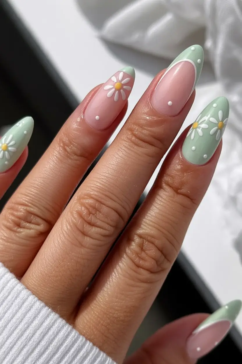 classy early spring nails 2026 Mint Green Daisies with Soft Negative Space