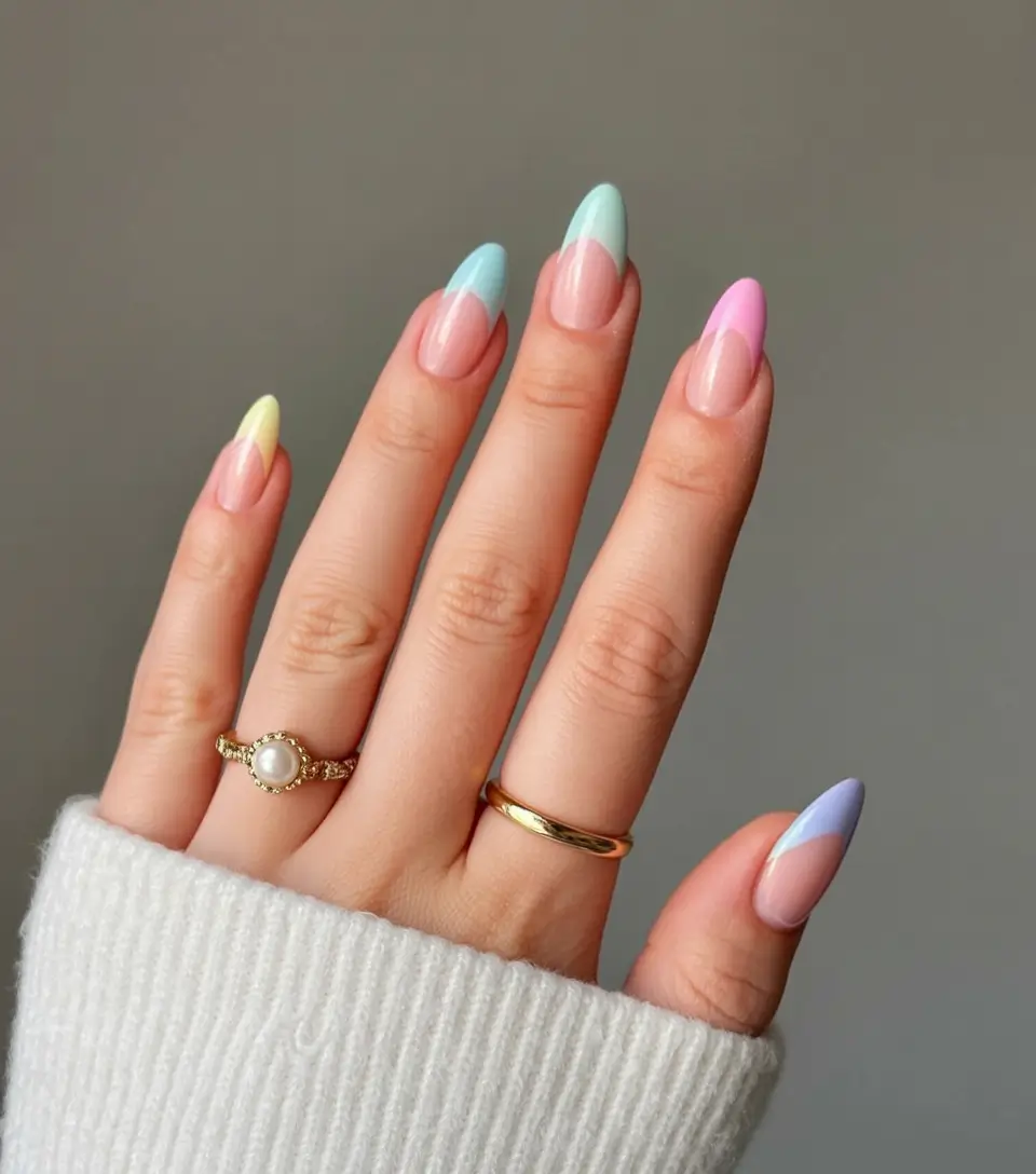 classy early spring nails 2026 Pastel-Tipped Almonds in a Soft Rainbow Fade