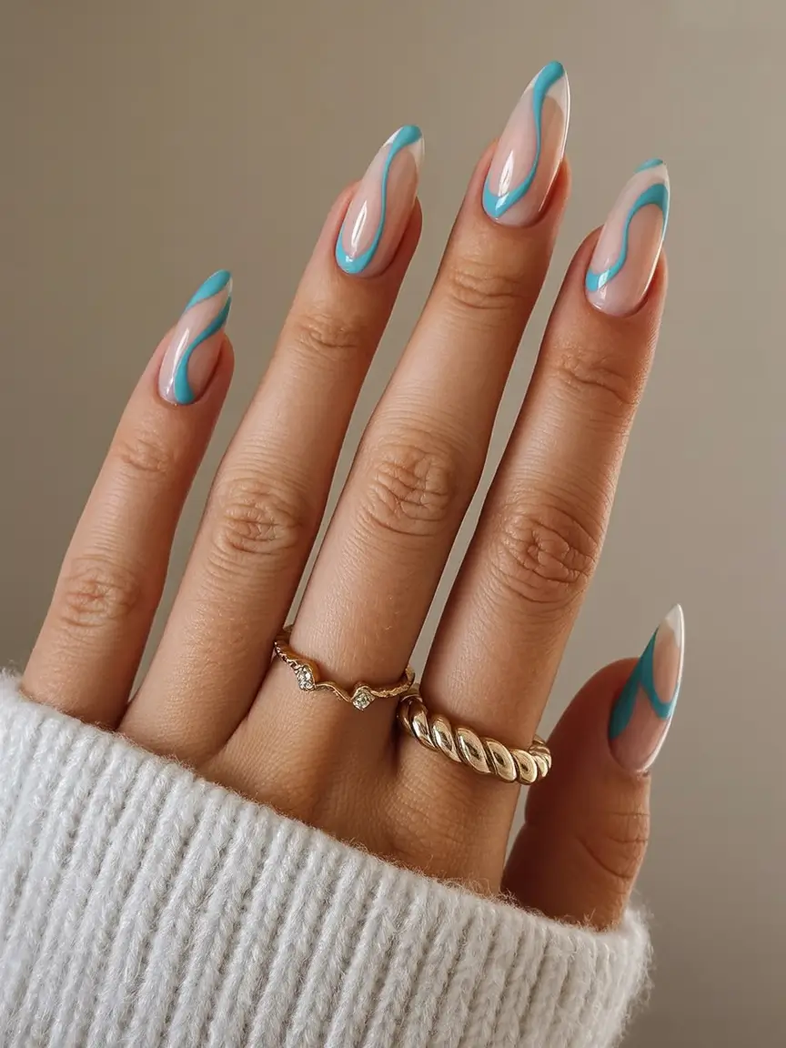 classy early spring nails 2026 Teal Waves and Minimalist Curves for a Breezy Spring Mood