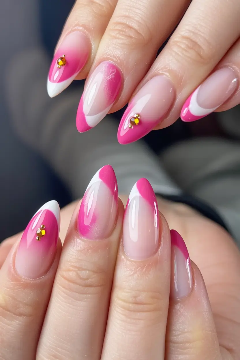 classy early spring nails 2026 Hot Pink Arches and Crystal Accents With a Playful Spring Twist