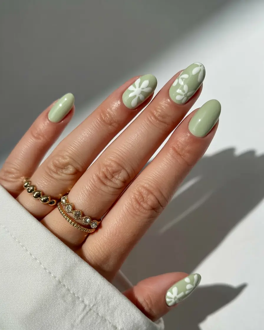 classy early spring nails 2026 Sage Green Serenity With Oversized White Florals