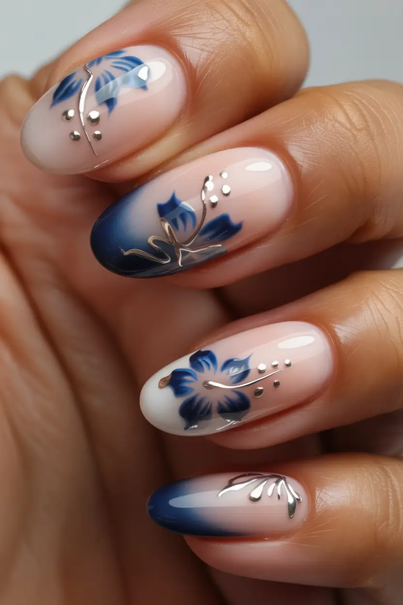 classy early spring nails 2026 Blue Blossom Elegance With Metallic Silver Accents