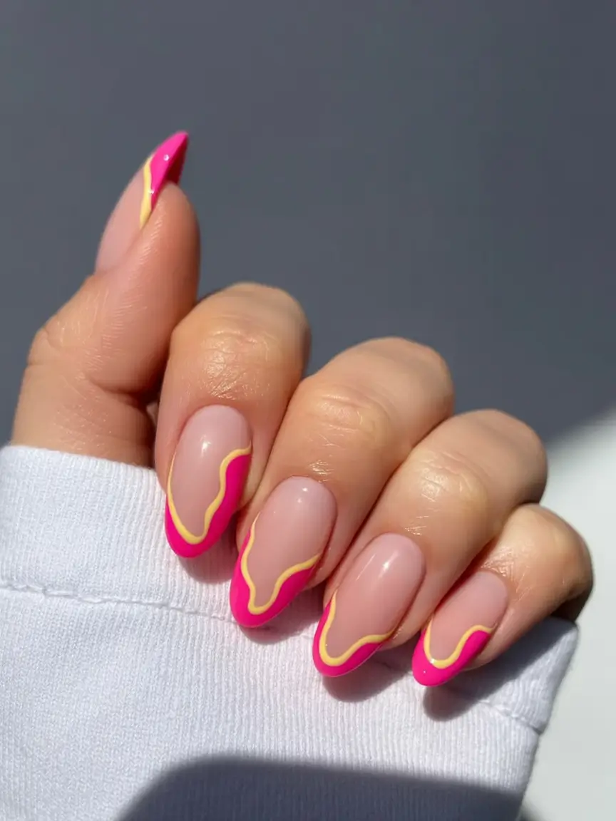 classy early spring nails 2026 Hot Pink Waves With a Citrus-Lined Edge