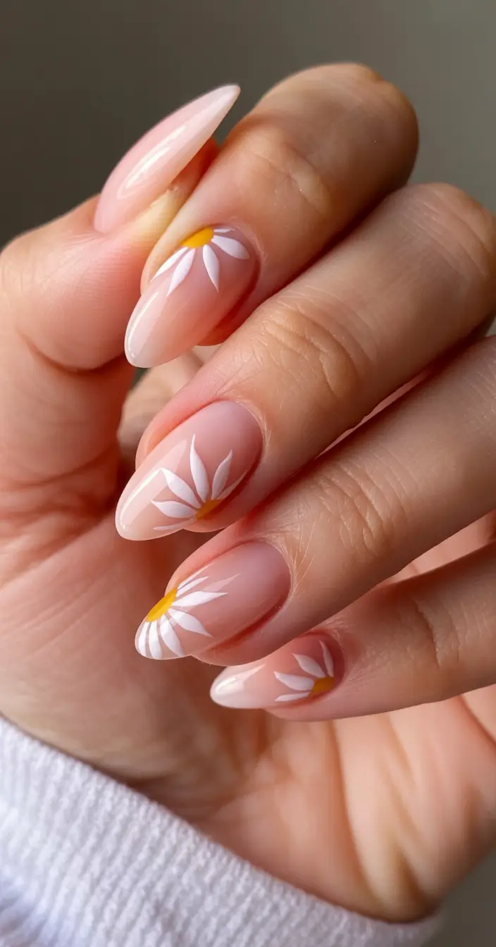 classy early spring nails 2026 Sheer Nude Almonds with Gentle Daisy Petals