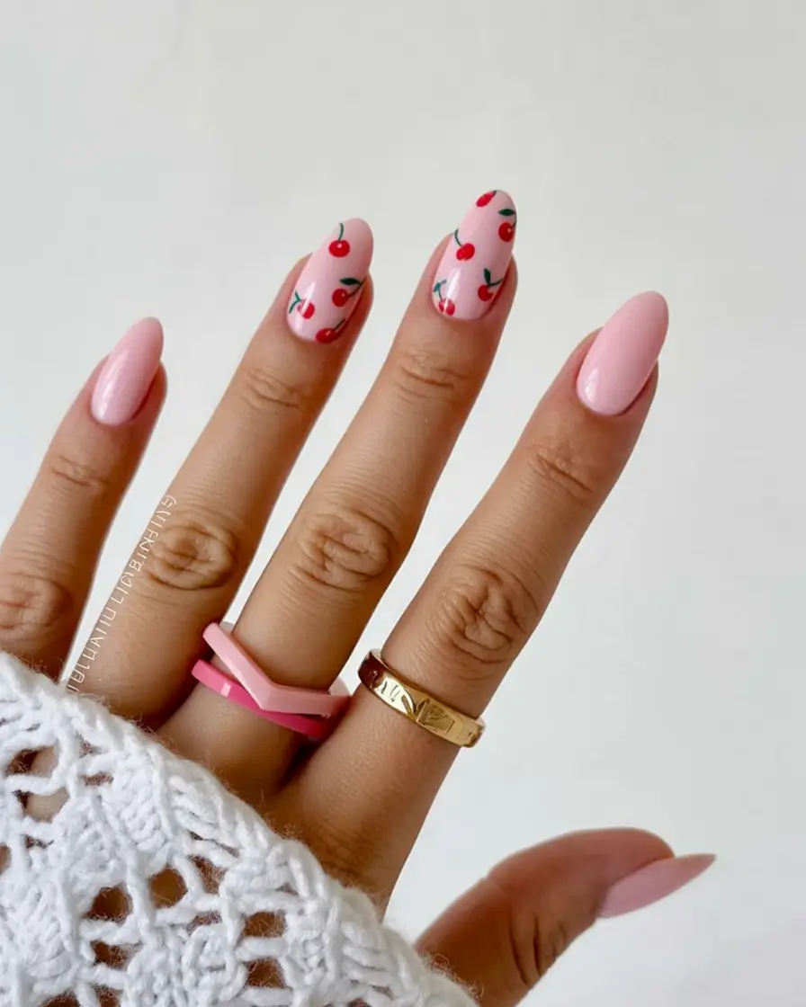classy early spring nails 2026 Cherry Sprinkle Nails on Blush Pink