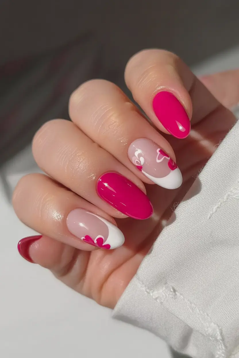 classy early spring nails 2026 Hot Pink Spring French with Heart Petal Accents