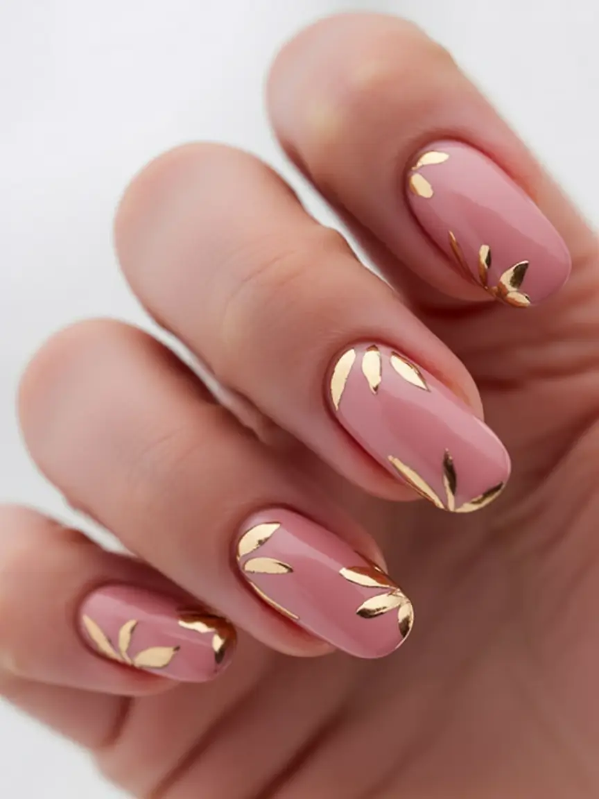 classy early spring nails 2026 Rose-Gold Leafing on Blush Pink