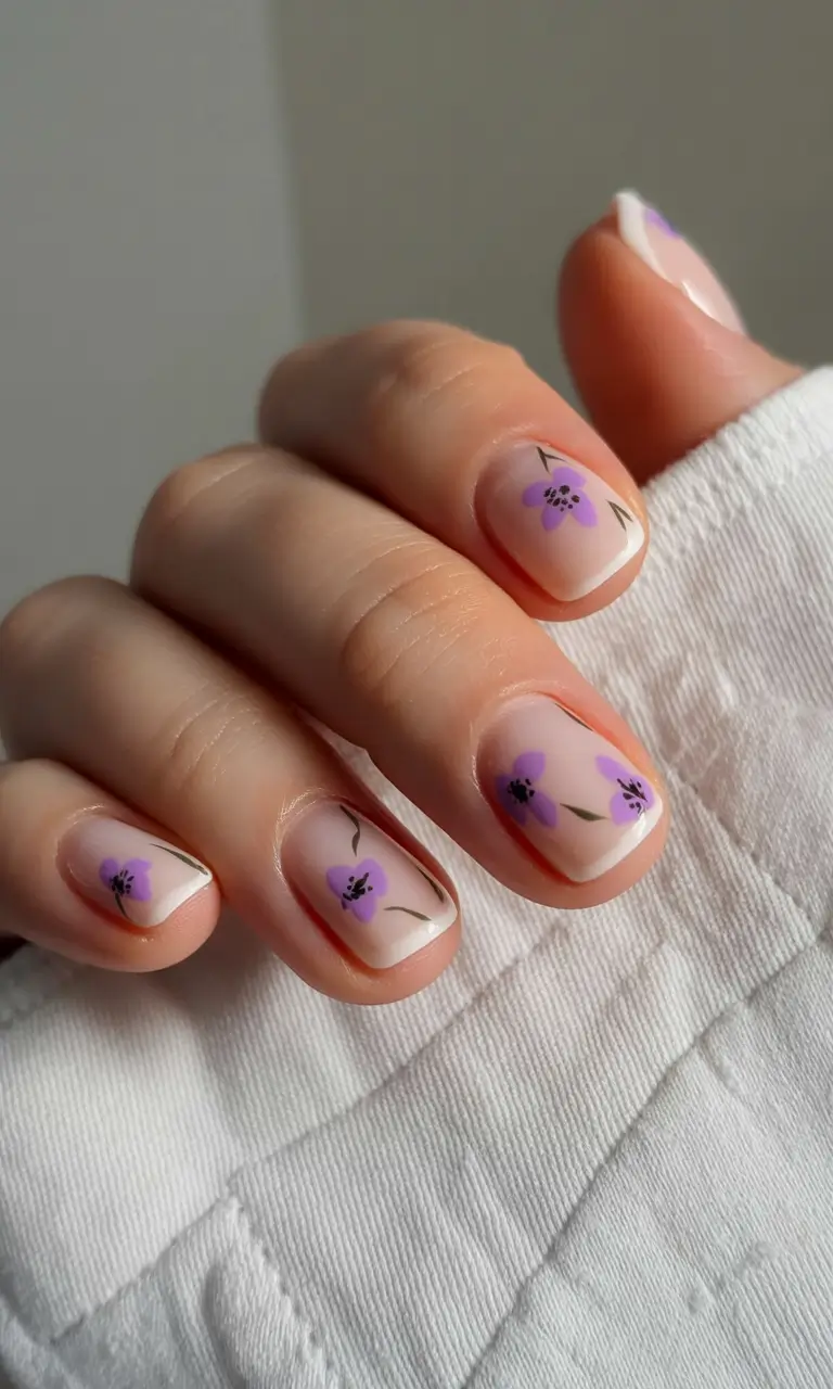 classy early spring nails 2026 Soft Lilac Florals on a Barely-There Neutral