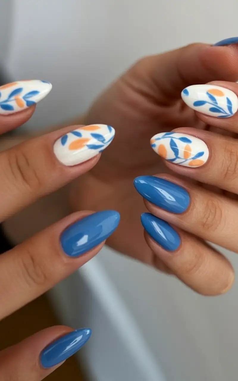 classy early spring nails 2026 Blue Breeze Botanicals With Cream Accents