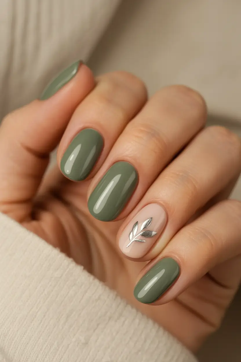 classy spring nails 2026 collection Olive Green & Silver Sprig Accent