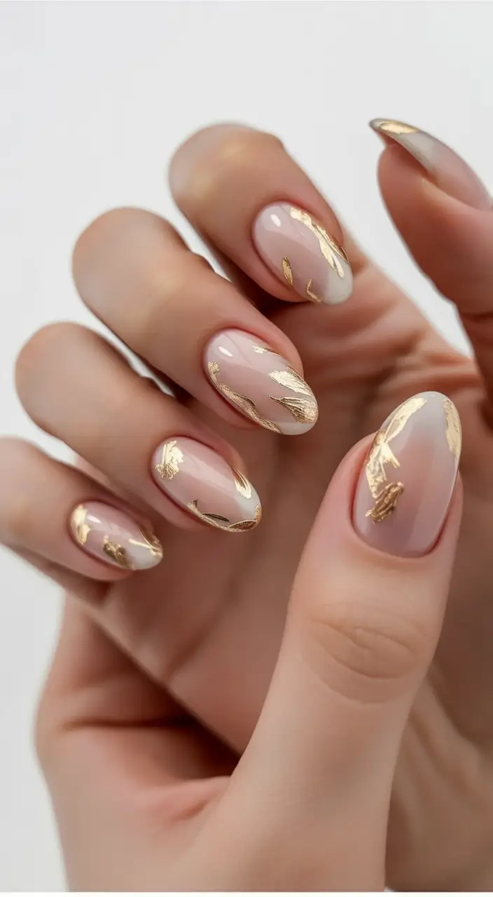 classy spring nails 2026 collection Gold Leaf Luxe on Barely-There Nude