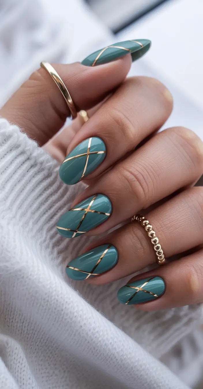 classy spring nails 2026 collection Teal Grid with Golden Lines