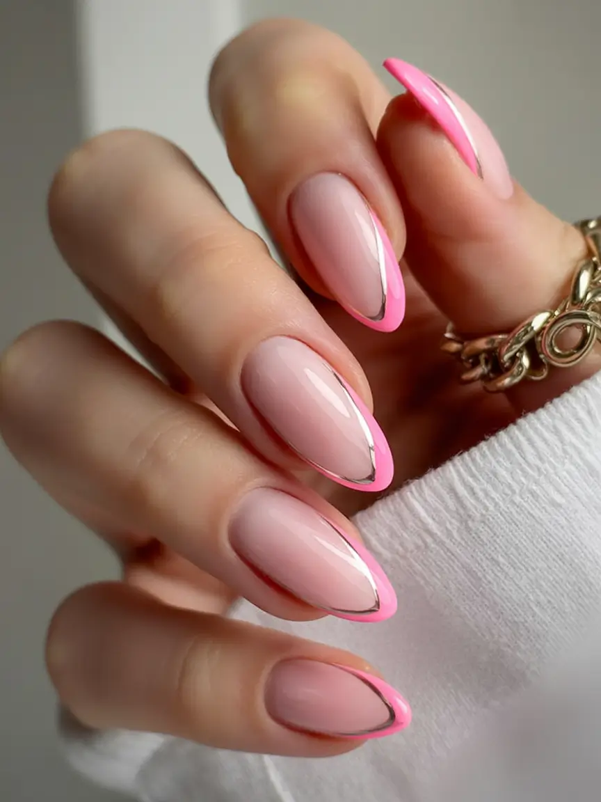 classy spring nails 2026 collection Pink French with Metallic Edge