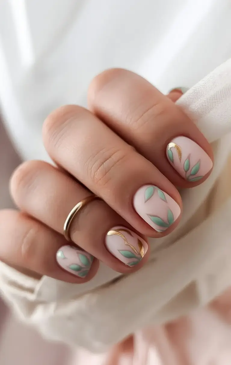 classy spring nails 2026 collection Soft Botanicals with Gold Accents