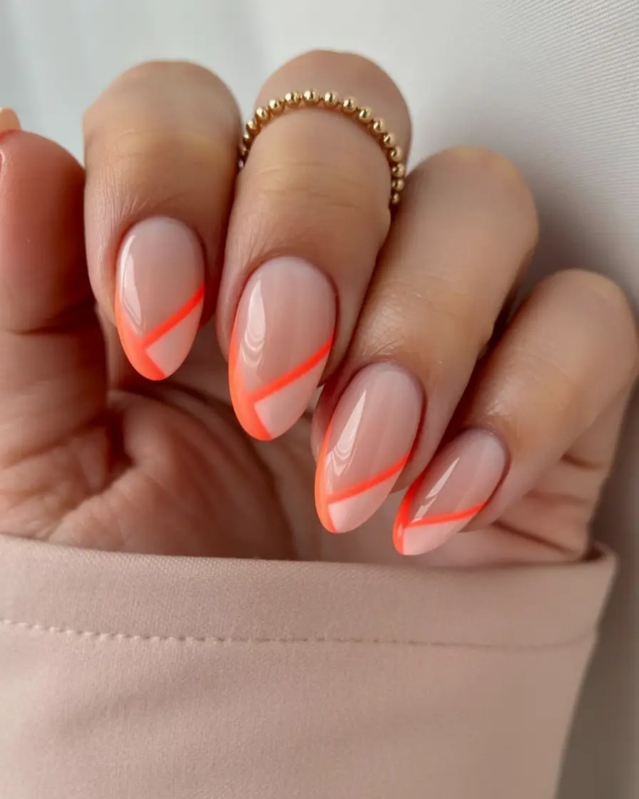 classy spring nails 2026 collection Neon Coral Diagonal Edge