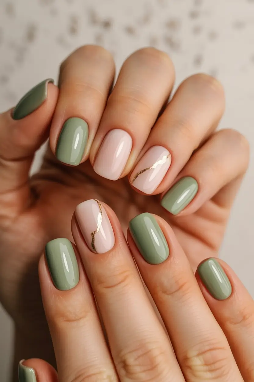 classy spring nails 2026 collection Moss Green with Gold Ripple
