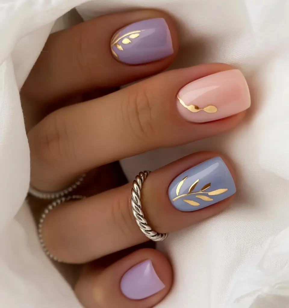 classy spring nails 2026 collection Pastel Patchwork with Foil Leafing