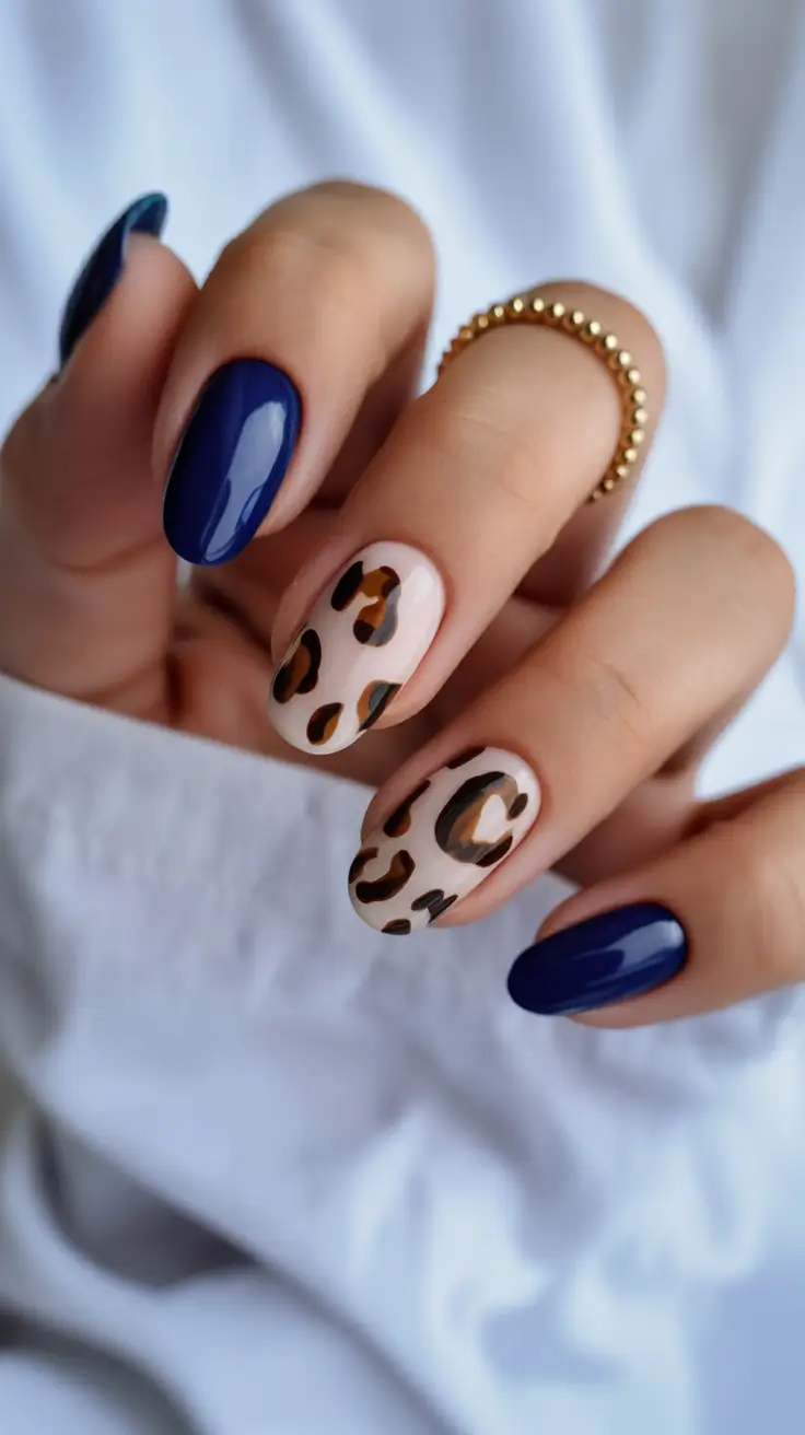 classy spring nails 2026 collection Leopard Pop & Navy Power