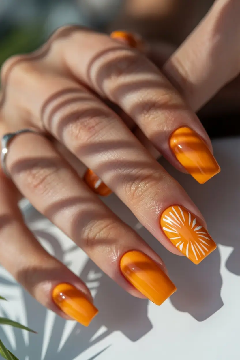 classy spring nails 2026 collection Tangerine Burst with Sunbeam Art