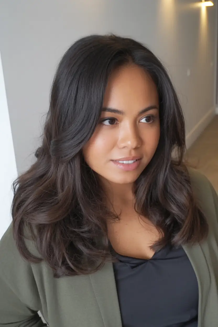 cool spring hair color for dark skin 2026+Deep Cocoa Flow with Feathered Layers