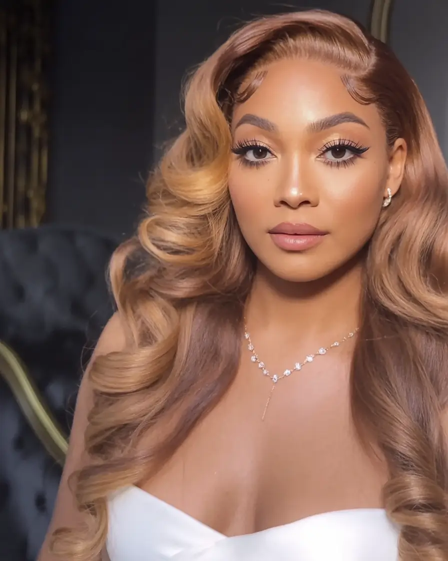 cool spring hair color for dark skin 2026+Rose Gold Glow with Glam Curls