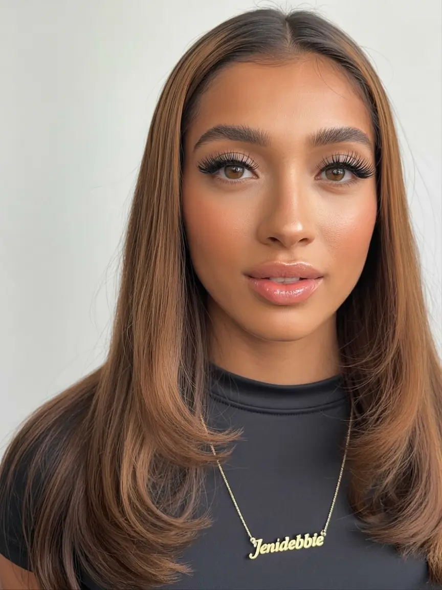 cool spring hair color for dark skin 2026+Warm Chestnut Layers with Face-Framing Flow