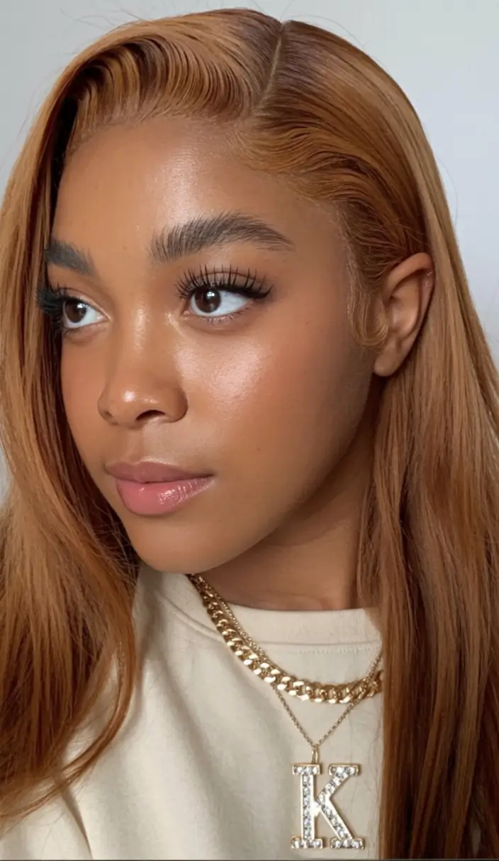 cool spring hair color for dark skin 2026+Maple Gold Straight with Baby Hairs Defined