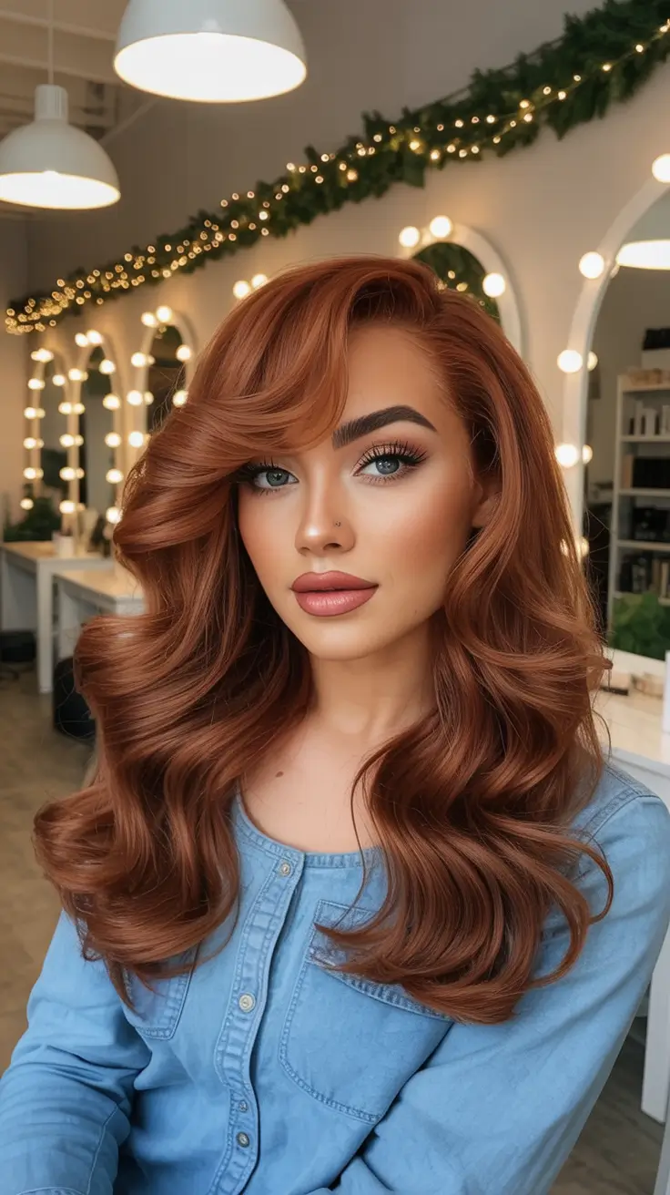 cool spring hair color for dark skin 2026+Copper Cinnamon Glam with Old-Hollywood Volume