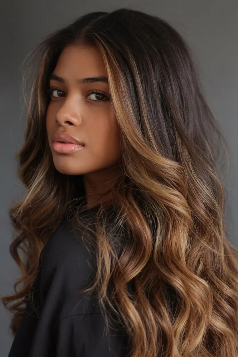 cool spring hair color for dark skin 2026+Honey Sunkiss Balayage with Voluminous Ends