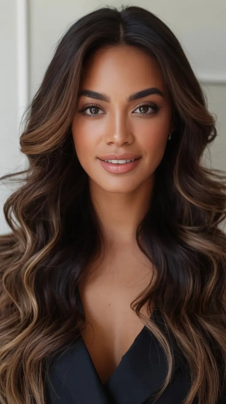 cool spring hair color for dark skin 2026+Mocha Root Fade with Golden Ribbons