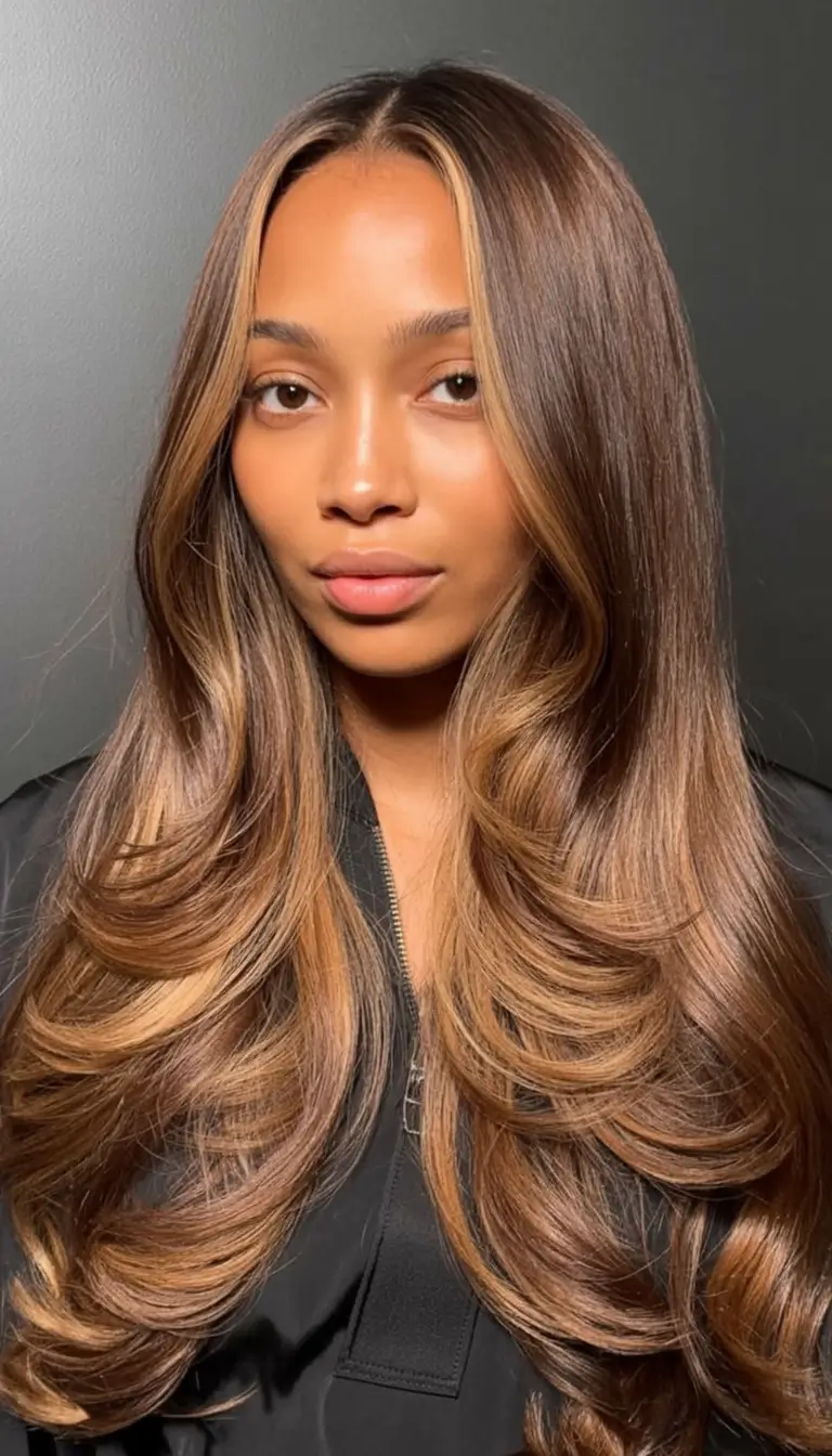 cool spring hair color for dark skin 2026+Toffee Layered Shine with Soft Center Part